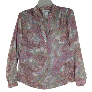 Sag Harbor Pink Paisley Sheer Chiffon Blouse Small Henley Split Neck Soft Boho
